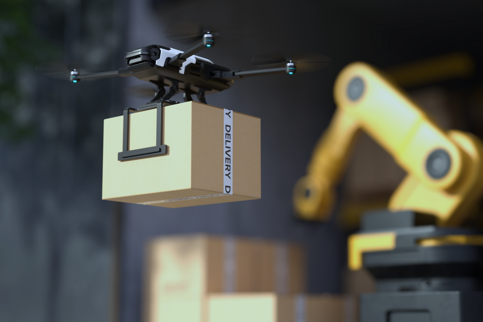 Um drone carregando uma caixa de papelão